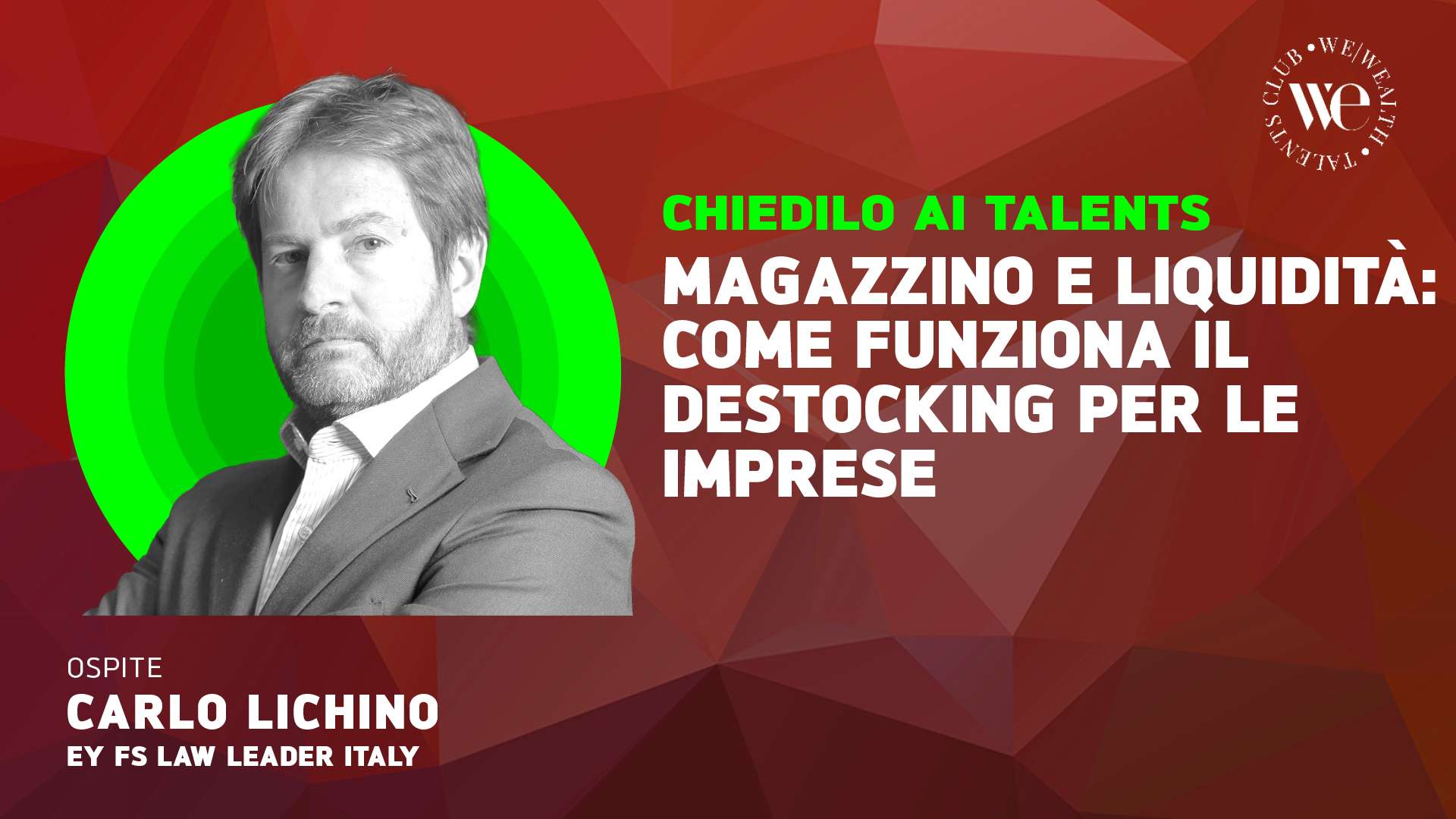 Uomo con barba, abito grigio, sfondo rosso e verde. Titolo: Magazzino e liquidità.