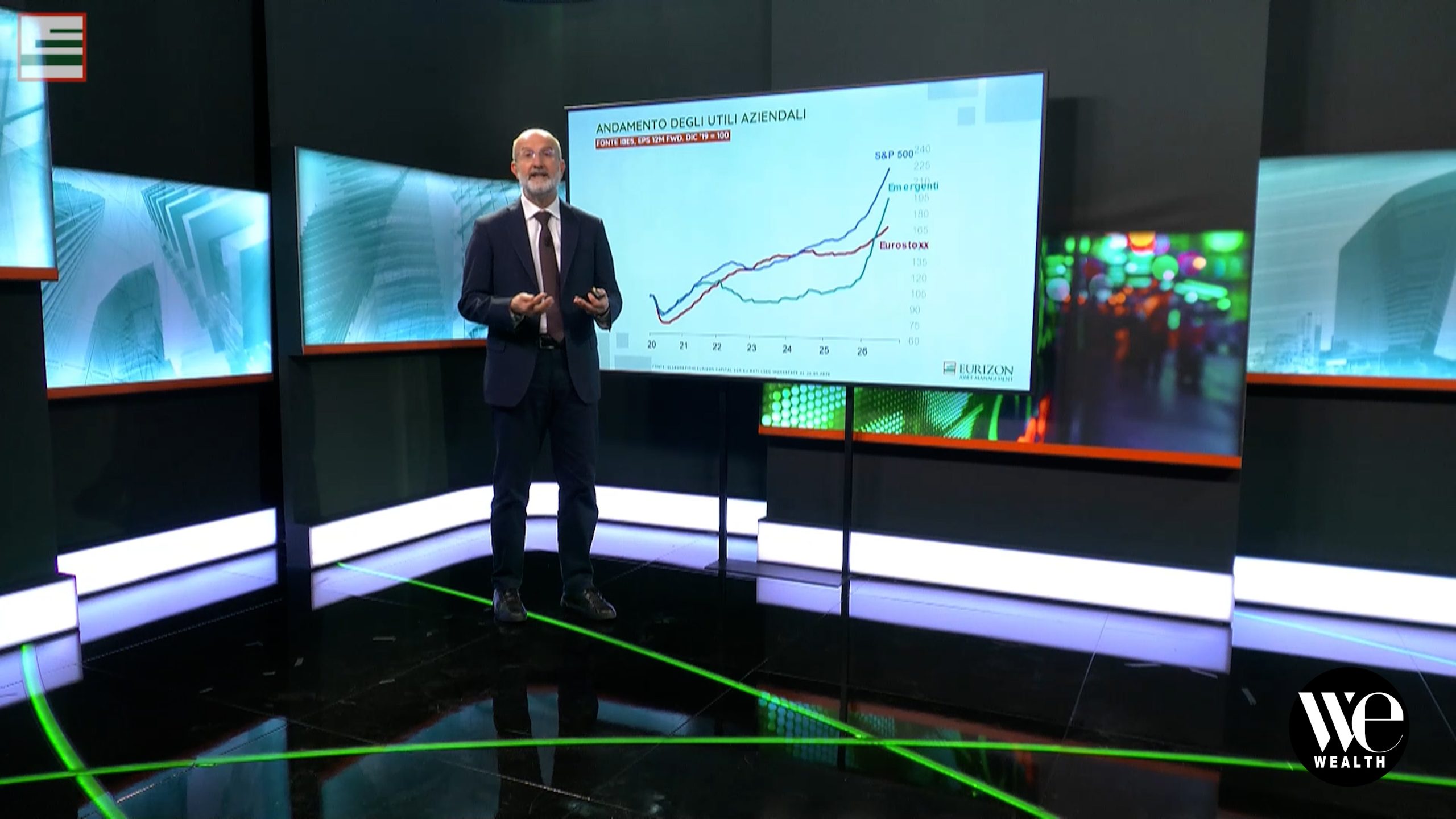 Andrea Conti di Eurizon in giacca e cravatta presenta un grafico finanziario con linee S&P 500, Emergenti ed Eurostoxx durante la nuova puntata di The Globe