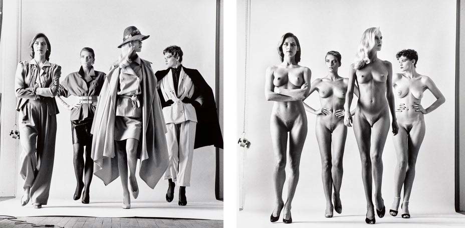 Modelle in abiti eleganti e donne nude in posa su sfondo bianco.