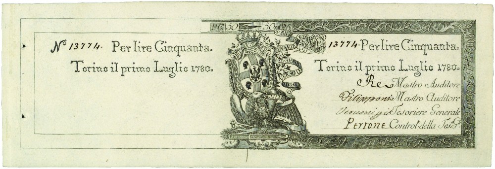 Documento con stemma araldico, testo in italiano e numero 13774, datato 1780.