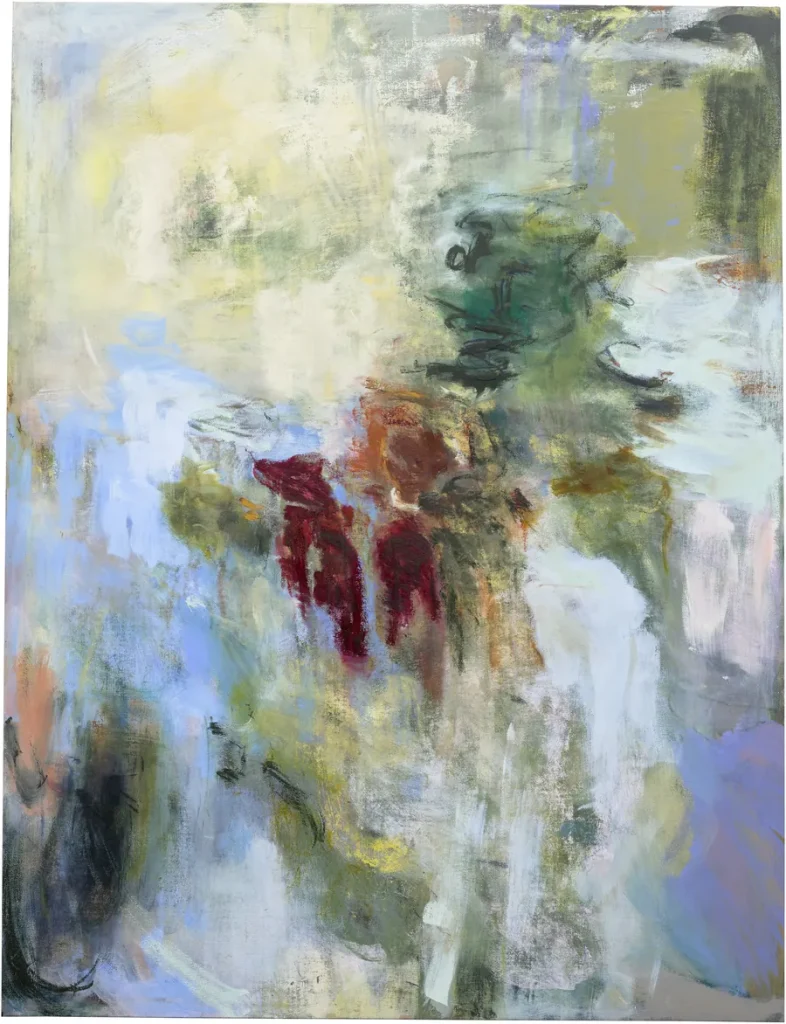 Pittura astratta con pennellate di verde, blu, giallo, rosso e bianco.