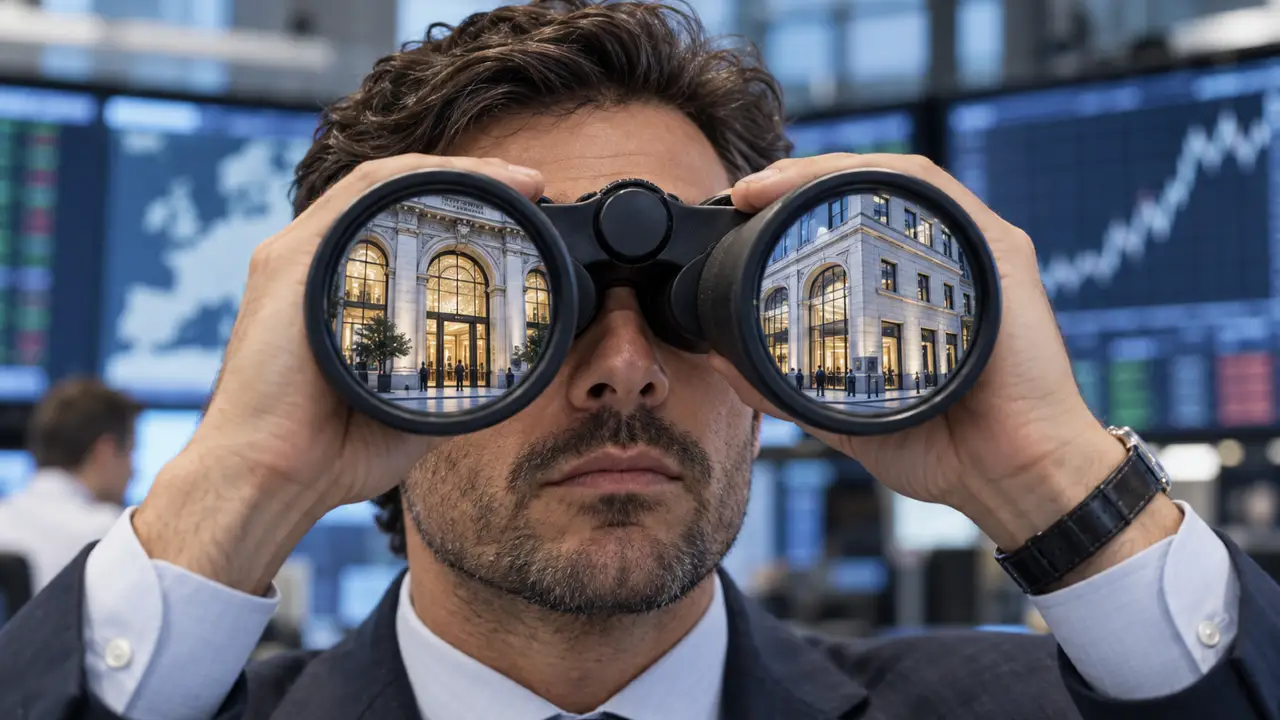 Uomo con binocolo guarda un edificio elegante, con grafici finanziari sullo sfondo.