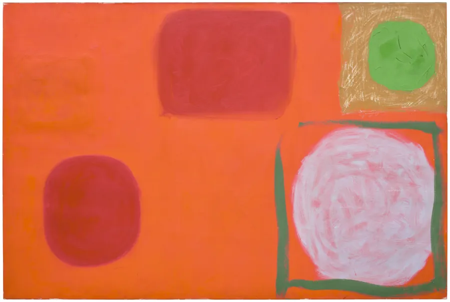 Forme rosse e verdi su sfondo arancione. Cerchio bianco all'interno di un quadrato verde.