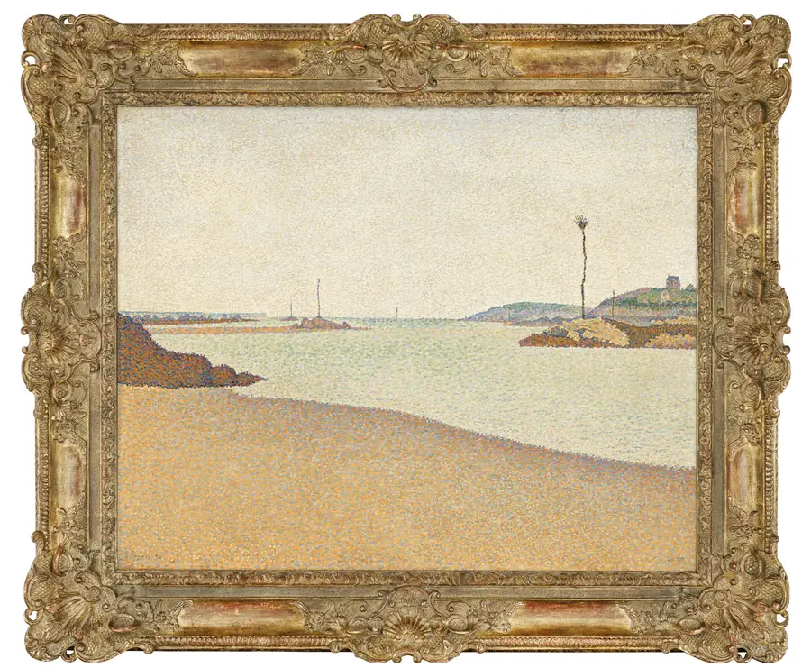 Puntinismo: spiaggia sabbiosa, mare calmo, scogli e un faro su una collina.