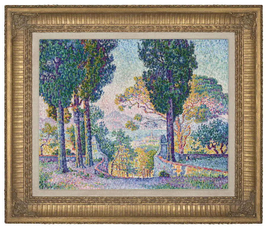 Paesaggio con alberi alti, muro di pietra e vista sul mare, dipinto a puntini.