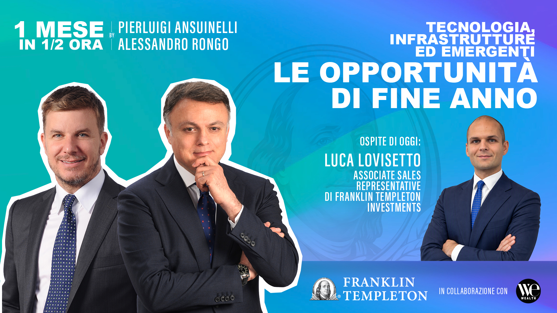Tre uomini in abito scuro, con testo su tecnologia, opportunità e investimenti.