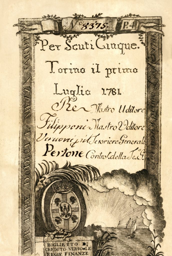 Documento antico con stemma, nave, sole e testo in italiano.