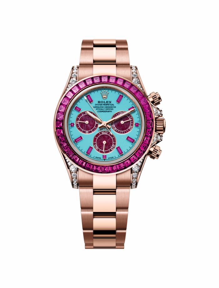 Orologio Rolex in oro rosa con quadrante turchese, lunetta con zaffiri rosa e diamanti.