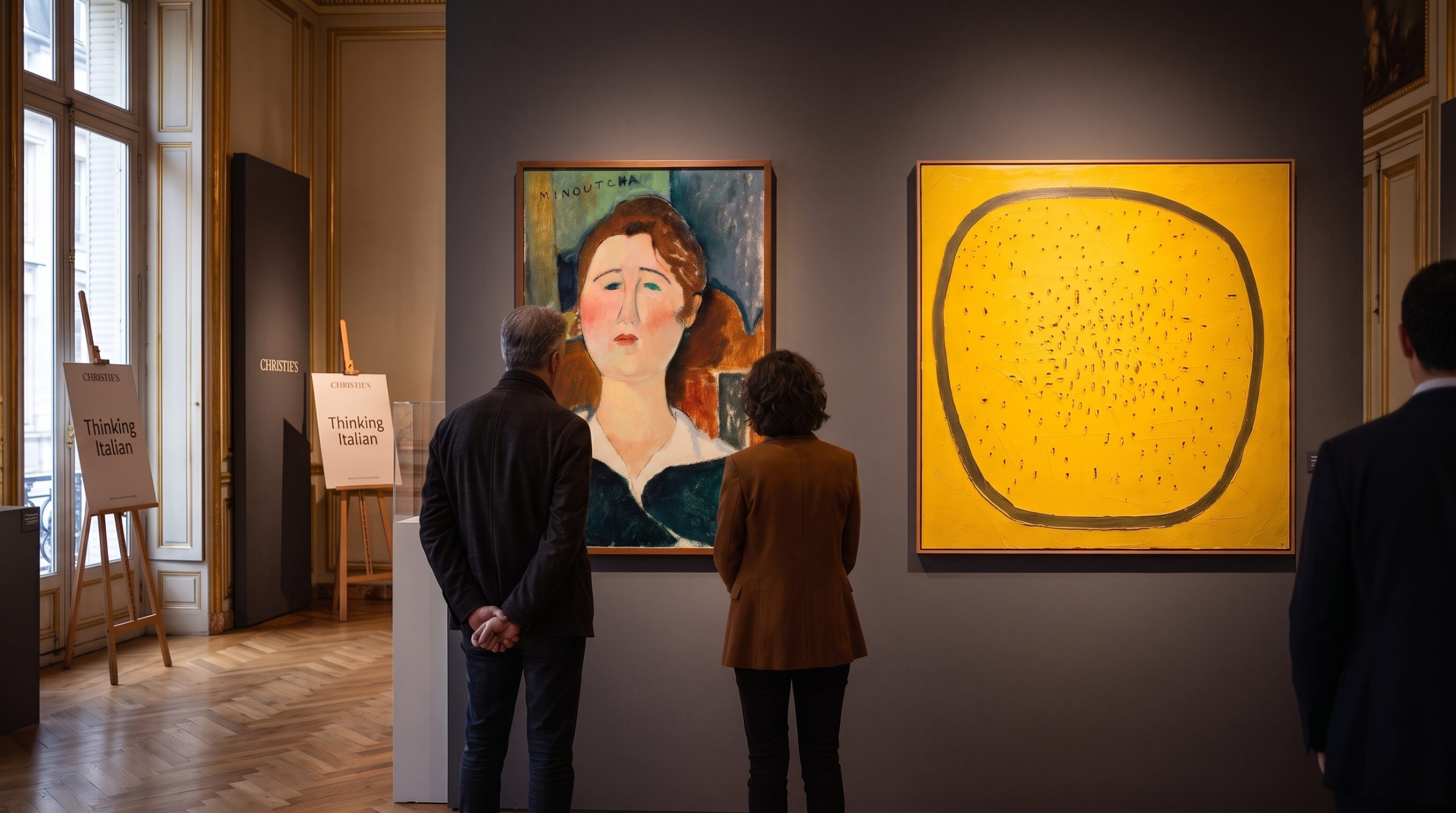 Persone osservano quadri in una galleria d'arte, con un ritratto e un'opera astratta gialla.