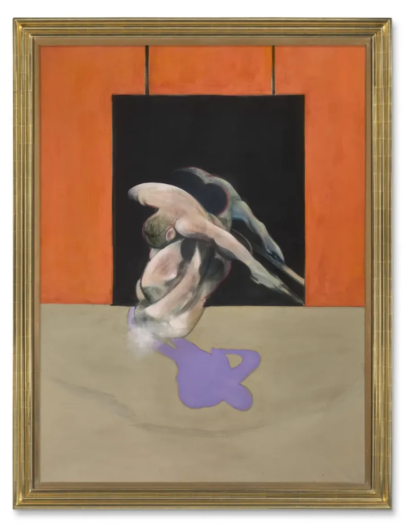 Figura umana distorta su sfondo arancione e nero, con ombra viola.