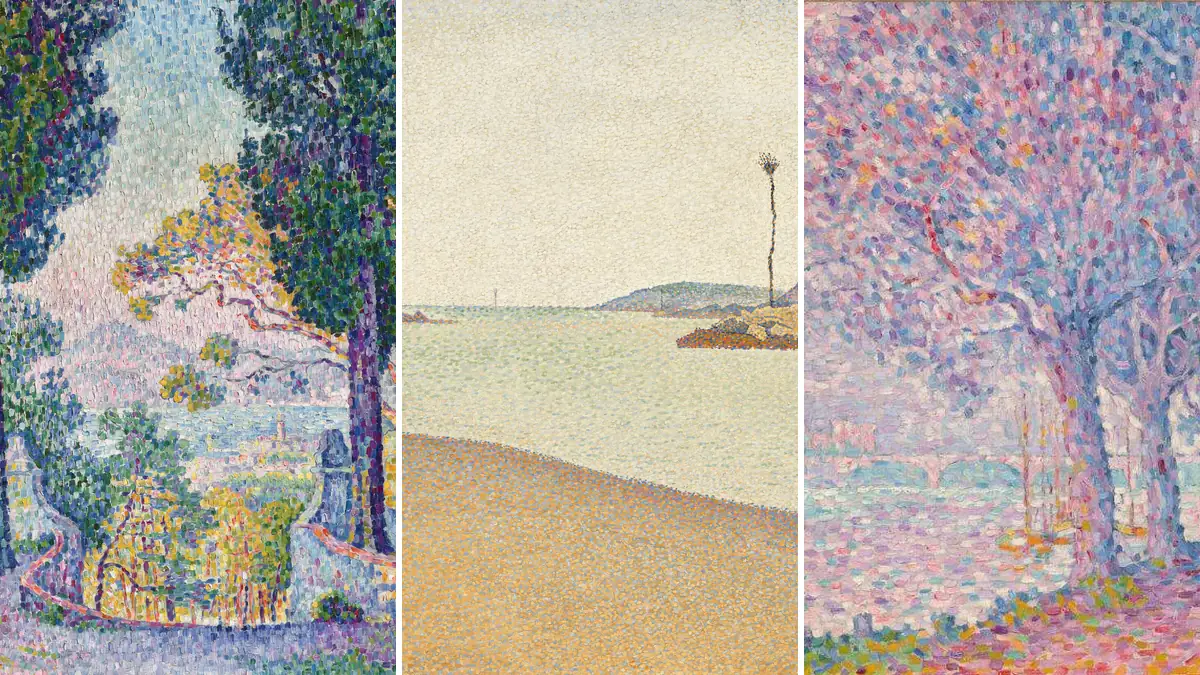 Tre dipinti puntinisti: paesaggio collinare, spiaggia e alberi con barche.