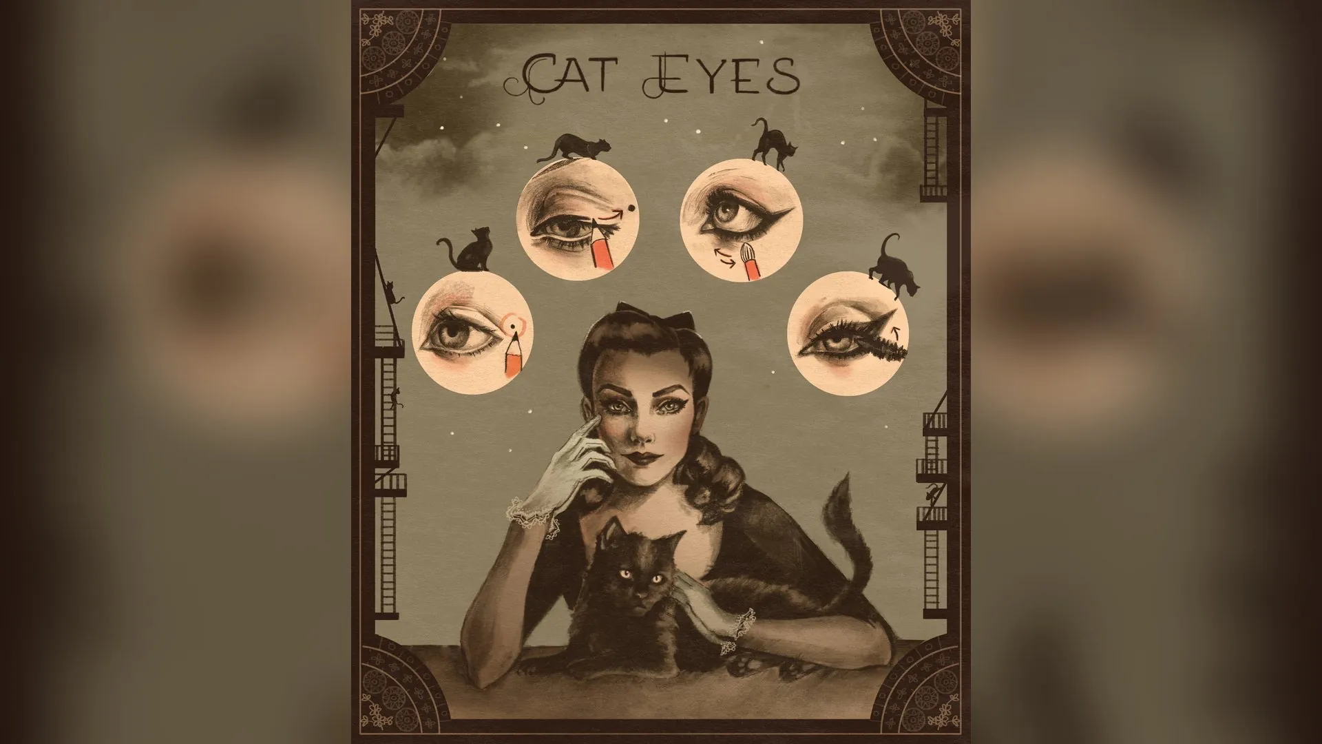 Donna con gatto nero, tutorial per eyeliner "cat eyes" con gatti stilizzati.