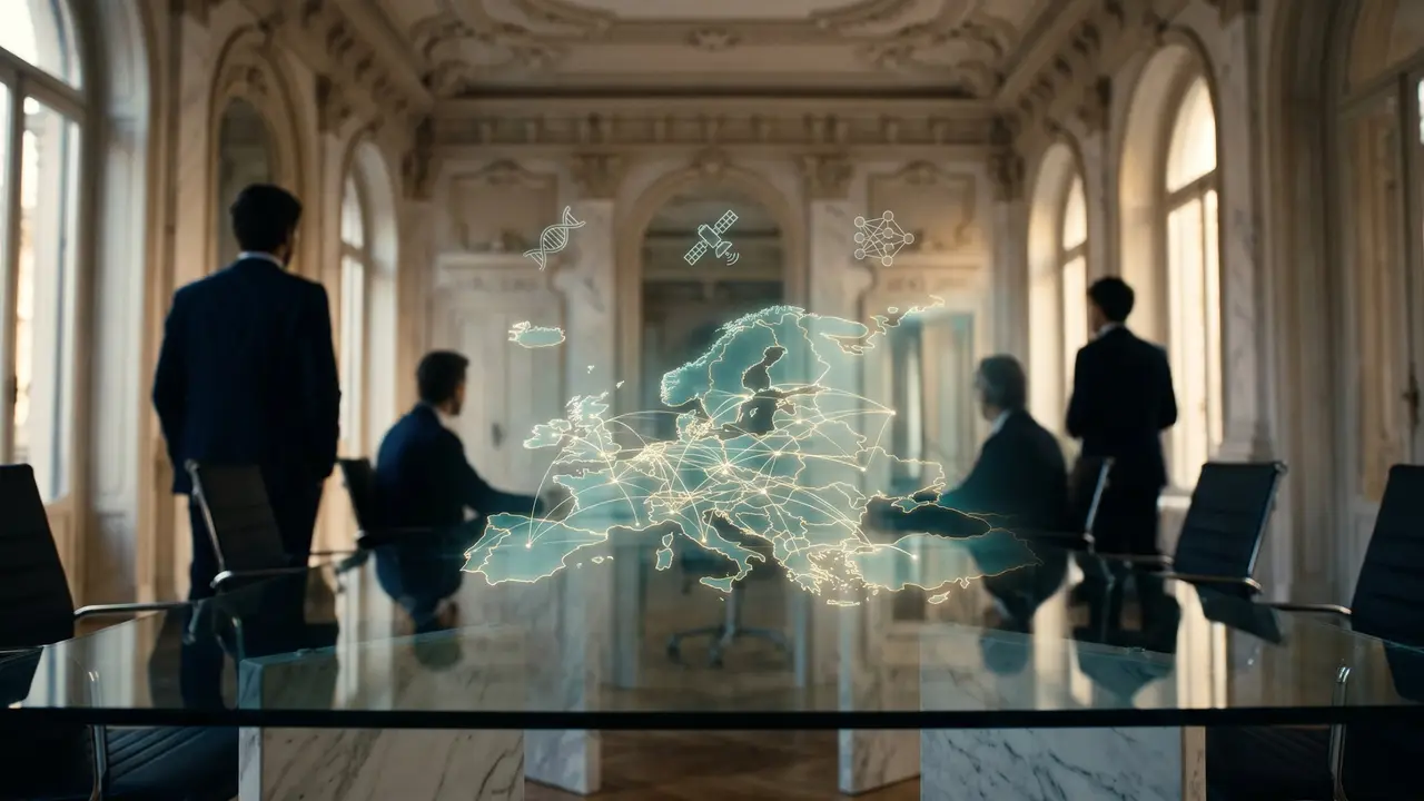 Uomini in abito osservano una mappa olografica dell'Europa con connessioni luminose.