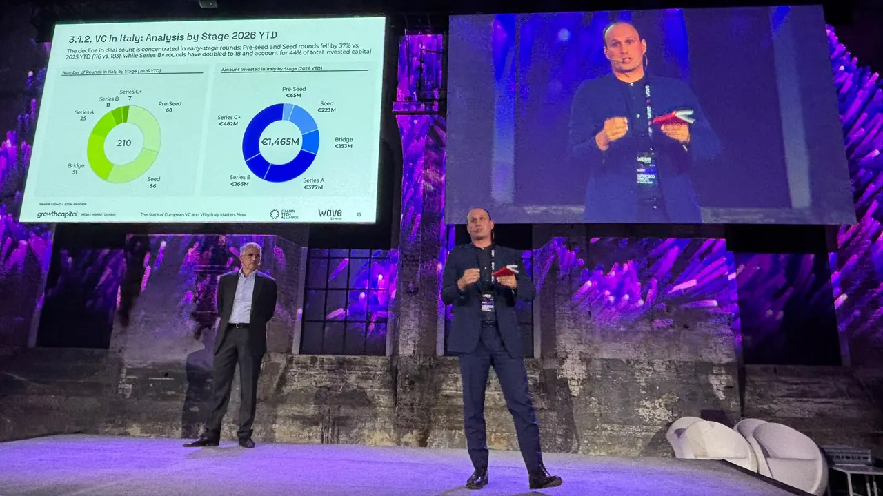 Presentazione con grafici su investimenti VC in Italia e relatori sul palco.