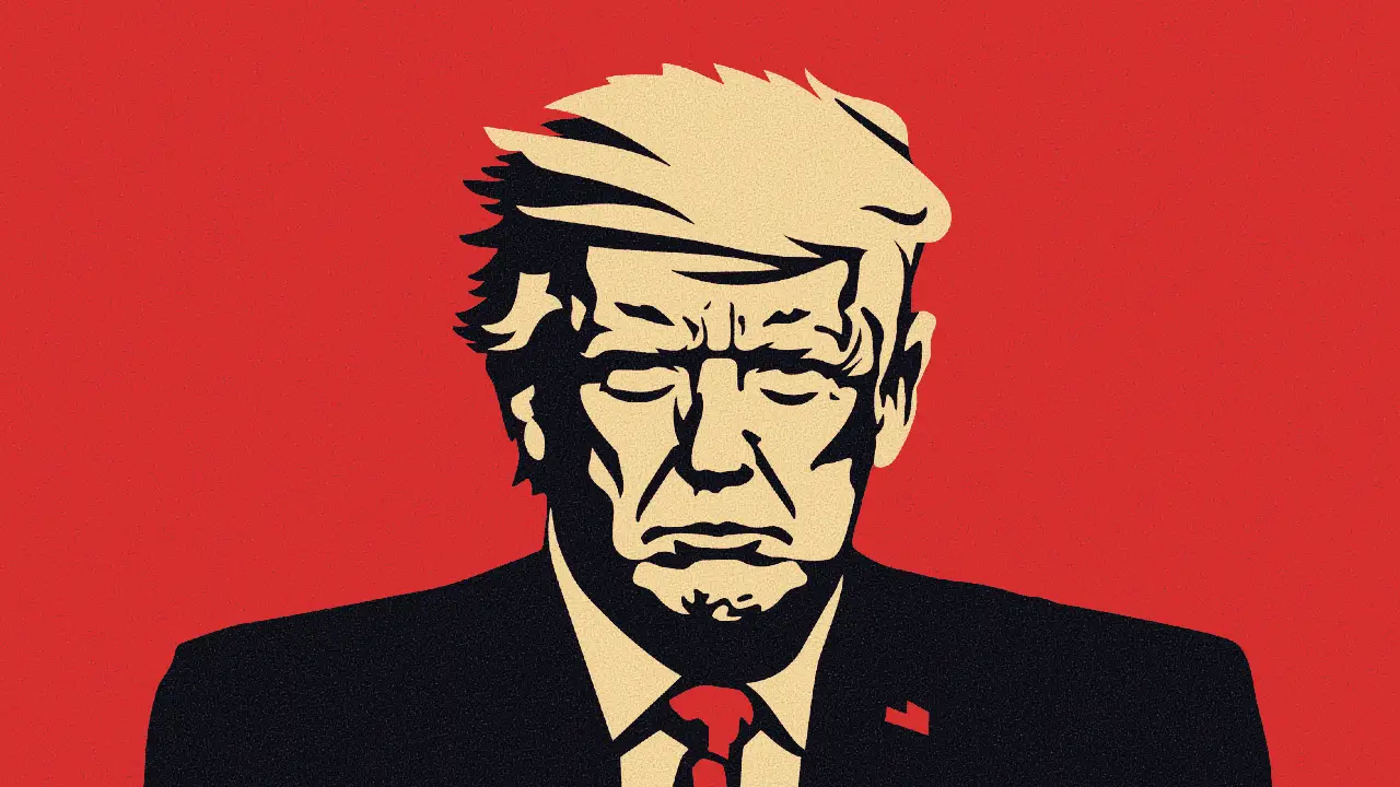 Ritratto stilizzato di Donald Trump con occhi chiusi e sfondo rosso.