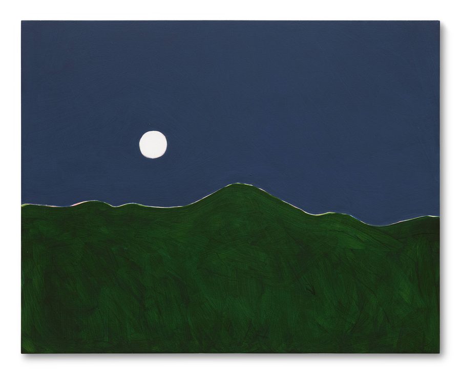 Luna bianca piena su un cielo blu scuro sopra colline verdi ondulate.