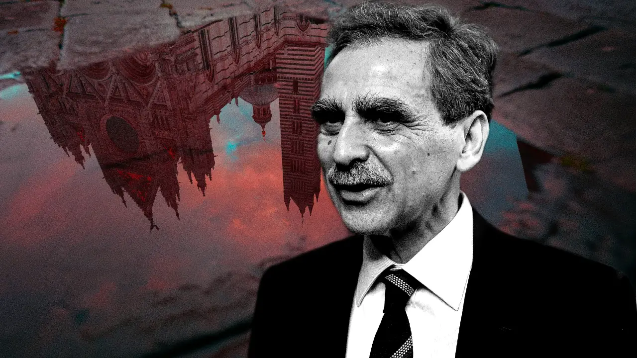 Ritratto di un uomo con riflesso di un edificio gotico in una pozzanghera.