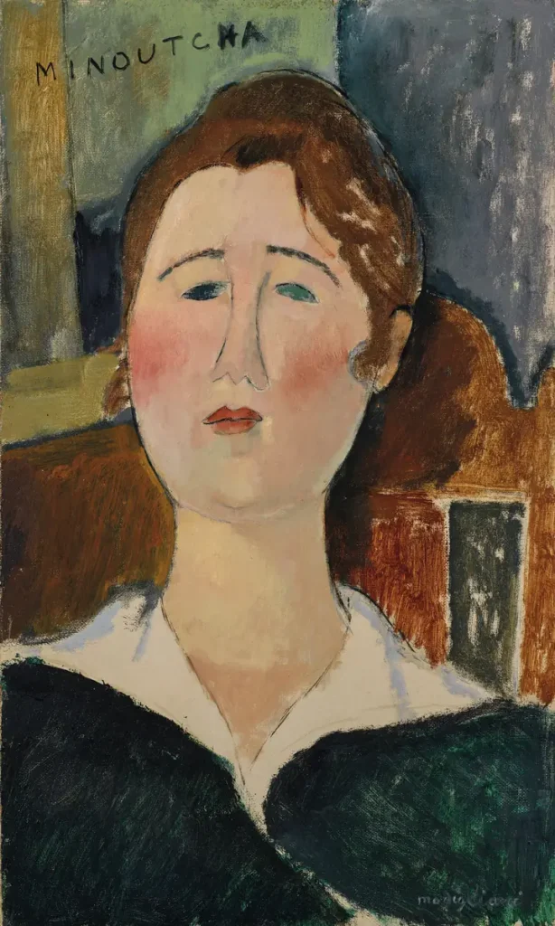 Ritratto di donna con capelli castani, guance rosse e abito scuro. "MINOUTCHA" scritto in alto.