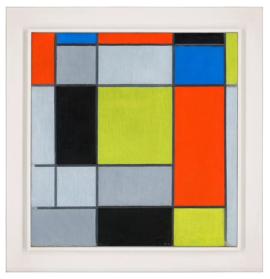 Mondrian, composizione astratta con rettangoli rossi, blu, gialli, neri e grigi, delimitati da linee nere fra i risultati di Christies alla Frieze Week