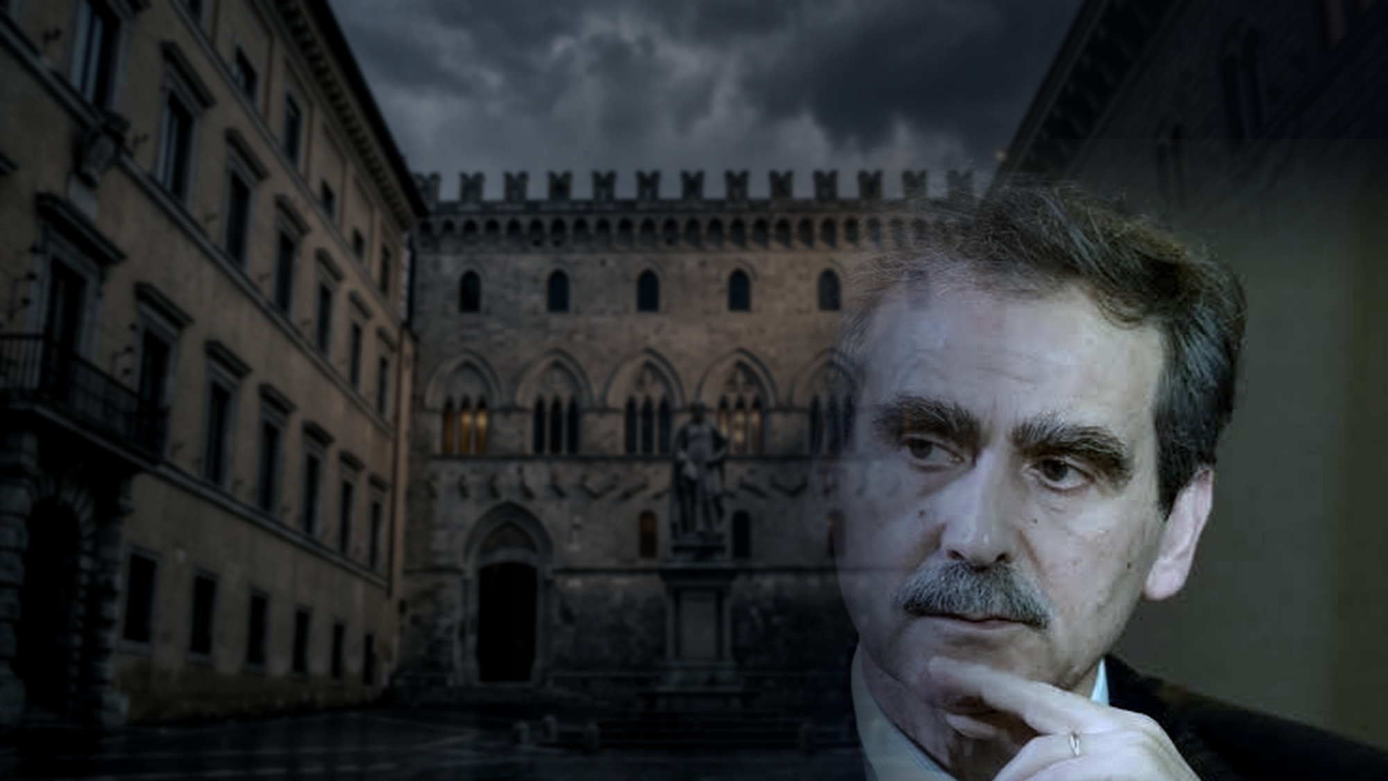 L'amministratore delegato di Mps Monte dei Paschi di Siena, uomo con baffi pensieroso, sovrapposto a un edificio storico, Rocca Salimbeni a Siena, con cielo tempestoso.