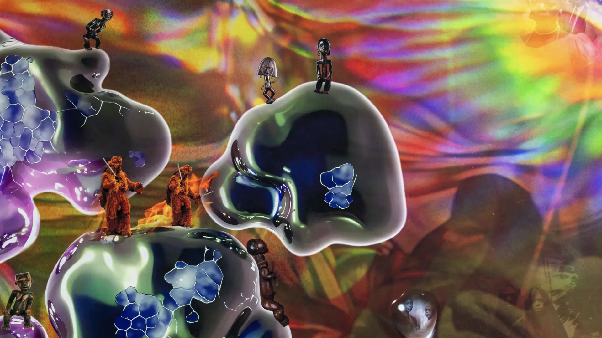 Figure antropomorfe su forme iridescenti e bolle, con sfondi psichedelici e riflessi.