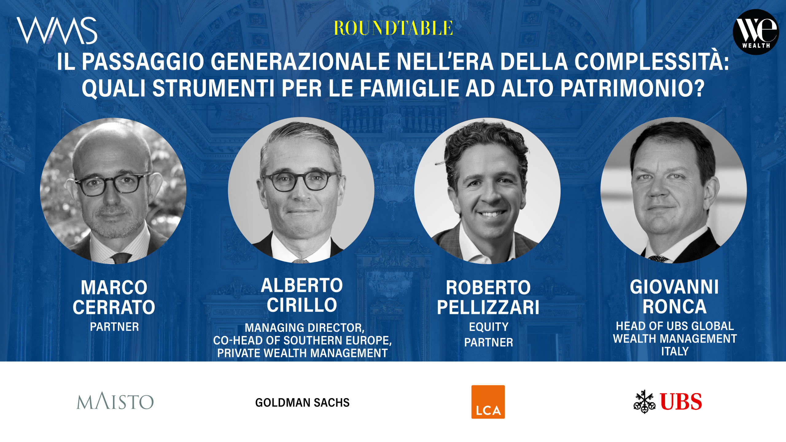 Quattro uomini in cerchio, titoli e loghi di aziende.
